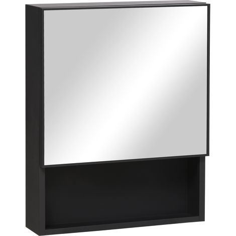 Armoire de salle de bain miroir murale en acier inoxydable noir avec 2 étagères intérieures et niche ouverte en verre, pour un rangement compact, 46 x 13,5 x 58 cm – CHICFURN (1/5)