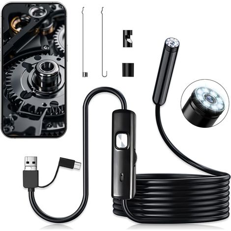 Camera Endoscopique, Camera Canalisation Serpent 1920P 5.5M, 5.5mm 3 en 1 USB Type C avec 8 LED Réglables IP67 Étanche Compatible Smartphone iOS iPhone iPad PC pour Inspection Tuyaux Moteurs Bricolage