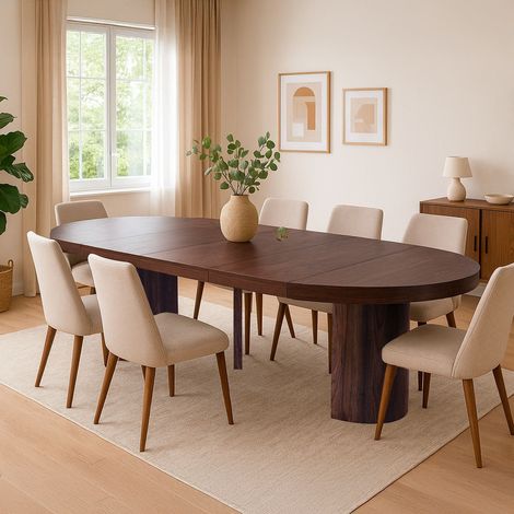Cotecosy – Table ronde extensible 110-260cm – Ronde à ovale – 4 à 12 personnes – Bois noisette – Pieds en demi-cylindres design (1/5)