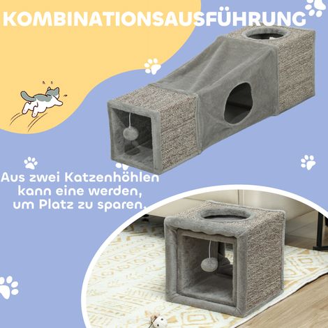 Katzentunnel, 2 Katzenhäuser, Kratzflächen & Ballspielzeug, 98 cm x 30 cm x 30 cm, Braun + Grau (1/5)
