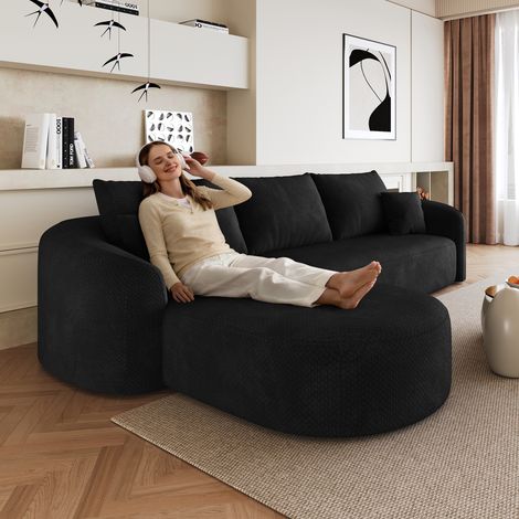 Canapé d'angle en L de 266 cm, canapé compressé en mousse, canapé modulable sans armature, canapé compressé pour salon, chambre, appartement, aucun montage requis, noir (1/4)