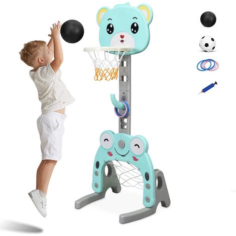Costway – Panier de basket enfants 3 en 1 – Hauteur réglable 133-158cm – Inclus jeux de basket, football et lancer d’anneaux – Base stable en PP