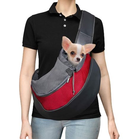 Sac de Transport pour Chien Chat, Sac de Transport Bandoulière en Respirant Maille, Sac de Transport et Voyages pour Chat Chien Chiots Petits Animaux (Rouge L)-Fei Yu (1/3)