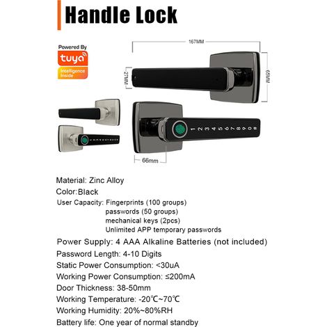 Intelligentes, vernetztes Türgriffschloss mit Fingerabdruckerkennung, Zinklegierung, Schwarz, 167 mm, 4 AAA-Batterien (1/5)