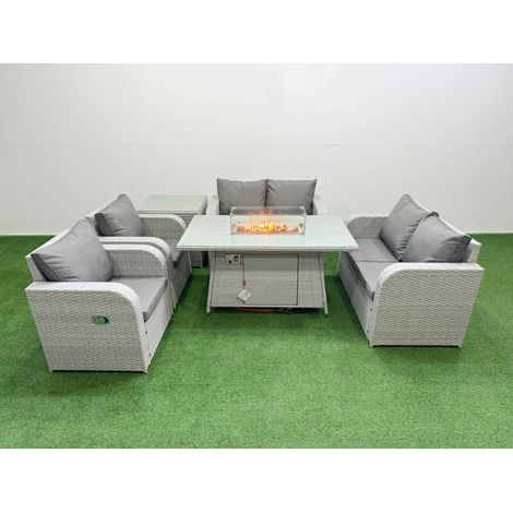 Fimous 6 Seater Outdoor Reclining Chair Love Sofa Set Rattan Garden Furniture Set with Firepit Dining Table Side Table Light Grey (1/4)