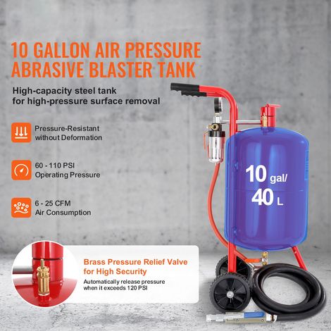 Sablage 40L 10Gal avec vanne arrêt buse, manomètre, buse céramique 2.5m, entonnoir, filtre eau, roues caoutchouc 6", mobile (1/5)