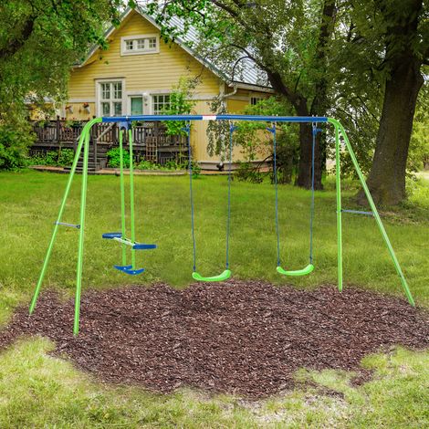 Metall-Gartenschaukelset mit verstellbarer Höhe, 2 Schaukeln und Wippe, 280 x 140 x 178 cm, Grün und Blau