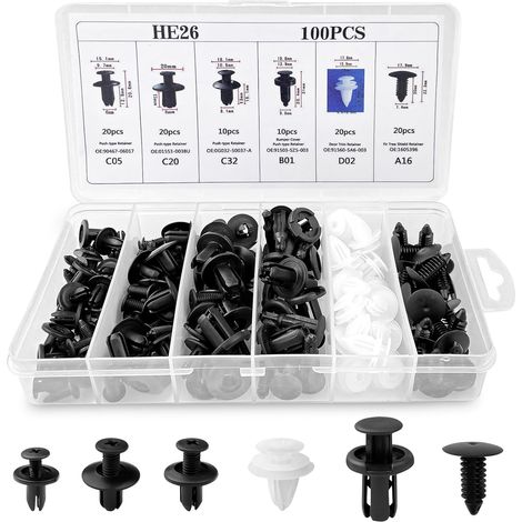 100 Pièces Clips Voiture Universel, 6 Taille Clips de Fixation Voiture Outils, Rivet Plastique, Agrafes Carrosserie pour Pare-Chocs Porte de Voiture Fender Push Kit de Remplacement (1/5)
