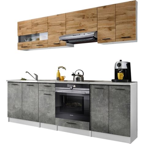 Cuisine Bigo 8 éléments - finition bas BETON haut BOIS 240 cm (1/2)