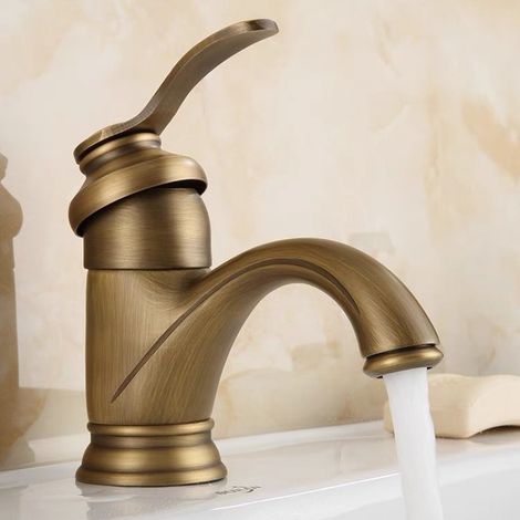 Robinet de lavabo ancien en cuivre de style européen, mitigeur eau chaude/eau froide rétro, monotrou, design vintage, pour lavabo de salle de bain. (1/5)
