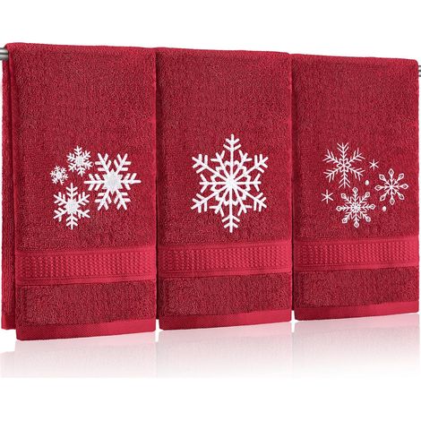Lot de 3 serviettes de main de Noël à flocons de neige : serviettes décoratives de salle de bain brodées de Noël rouge, absorbantes et douces, set de décoration de cuisine d'hiver, 100 % coton, 13,3 x (1/5)