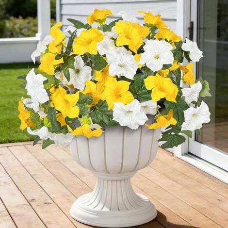 Lot de 4 fleurs artificielles extérieures UV – Pétunias jaunes imitation – Pour pots, balcon, terrasse, fenêtre (1/5)