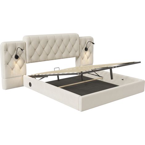 Polsterbett 180x200 cm aus beigem Samt mit USB, Leselampen und langem Kopfteil (1/5)