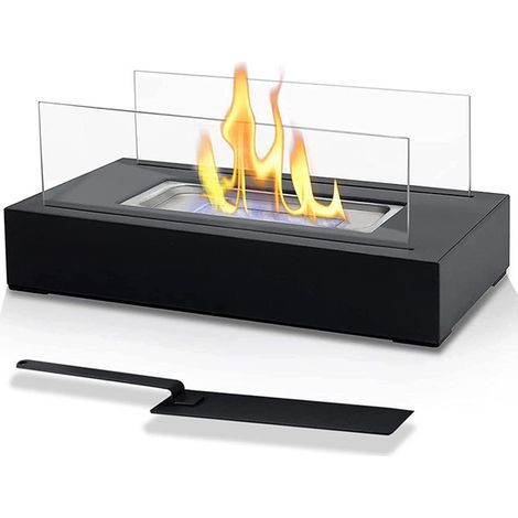 Accessoires pour cheminées et poêles - Cheminée à bioéthanol, cheminée de table à l'éthanol - Portable, rectangulaire, noire, acier inoxydable, 2 vitres, pour intérieur/extérieur - Poêle à bioéthanol, (1/4)