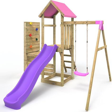 Rebo Wooden Climbing Frame with Vertical Rock Wall, Swing Set and Slide - Rushmore+ Pink (1/5)