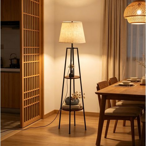 Lampada da terra moderna con ripiani integrati, struttura a treppiede, nero e marrone DESVIAE (1/5)