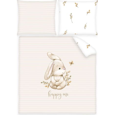 Linge de lit pour bébé, Lapin, taie d'oreiller 35 x 40 cm, Housse de Couette 80 x 80 cm, 100% Coton, Beige (1/5)