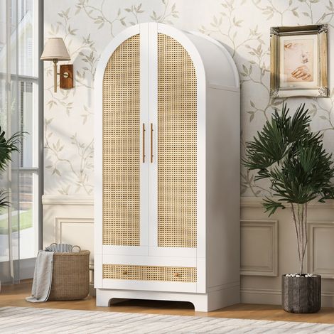 Weißer Kleiderschrank 70 x 55 x 170 cm mit 2 Türen, 2 Schubladen und Regalen, Rattanoptik (1/5)