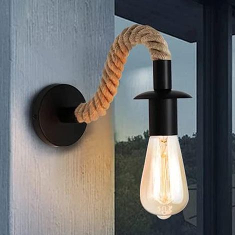 E27 luminaire Applique murale Vintage en corde de chanvre applique murale industrielle idéal pour un Loft un couloir ou une chambre à coucher ,110/220V, Noir [Classe énergétique A++] (1/5)