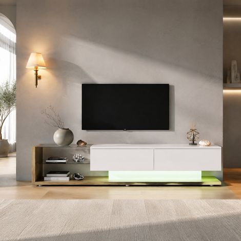 Meuble TV 170 cm blanc brillant avec tiroirs, étagères en verre et LED DESVIAE (1/5)