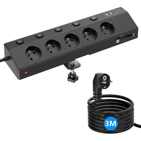 Multiprise avec USB-C 30W, Prise Française de Table, Câble 3M, Noir 5 Prises Secteur et 5 USB, 4000W avec Interrupteurs Individuels, Parafoudre et Surtension, Mult Prise pour Maison et Bureau (1/5)