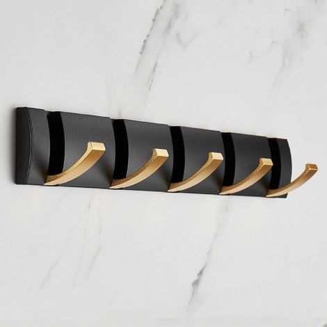 Porte Manteau Mural Pliant avec 5 Crochets, Patere Murale peu Encombrant, Patere Porte Crochets Porte Serviettes Noir doré pour Salle de Bain, Chambre, Entrée, Chapeaux, écharpes, Parapluie et Clés (1/5)