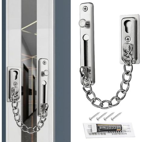 Verrou Porte Interieure en Acier Inoxydable, Entrebailleur de Porte Sans Trou, Sécurité Porte D'entrée Antivol, Double Antivol, Chaîne Réglable (1/5)