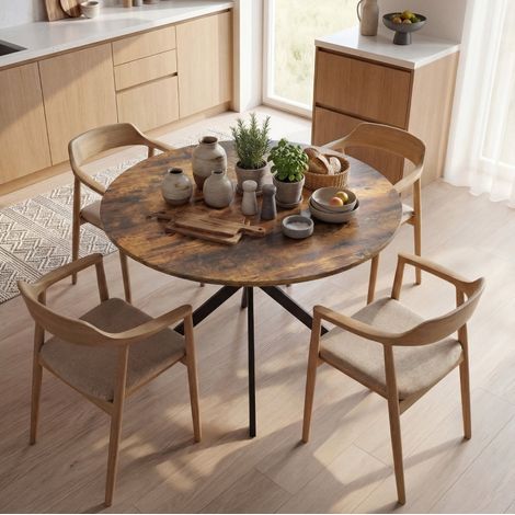 Mesa de comedor redonda de 100 cm industrial en madera y acero, marrón rústico HAVRYA (1/5)