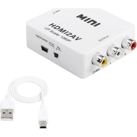 Convertisseur HDMI vers RCA, adaptateur audio-vidéo AV HDMI vers CVBS 1080p compatible PAL/NTSC, pour PC, ordinateur portable, Xbox, TVHD, DVD (blanc) (1/5)