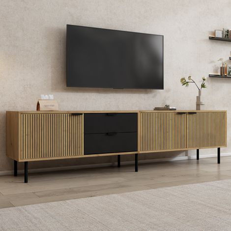 REDOM - Mueble TV 208x40x48 cm, 3 armarios, 2 cajones, pasacables, puertas ranuradas, tablero de partículas, negro y madera natural (1/5)