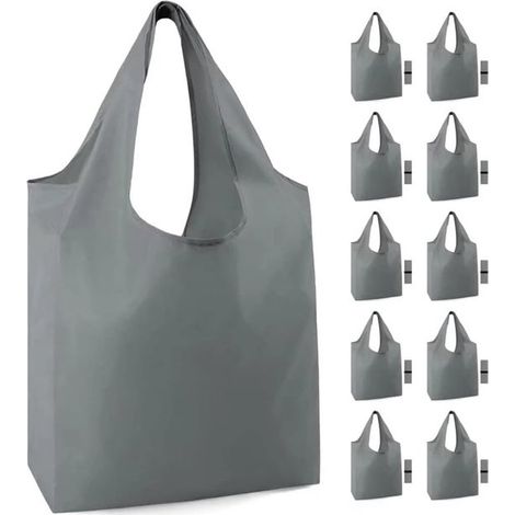 Sacs de courses réutilisables gris, lot de 10, lavables, pliables, avec fermeture éclair et sac de transport, en polyester résistant. (1/5)