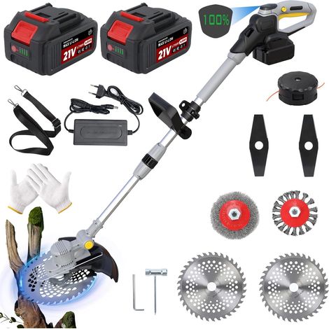 Coupe Bordure sans Fil avec 21V Batterie, Débroussailleuse avec 2×4.0 Ah, Coupe-Herbe 5 en 1 à Batteries, Convient pour Le Jardin, la pelouse et Le désherbage, Moteur sans balais 750 W, Gray (1/5)