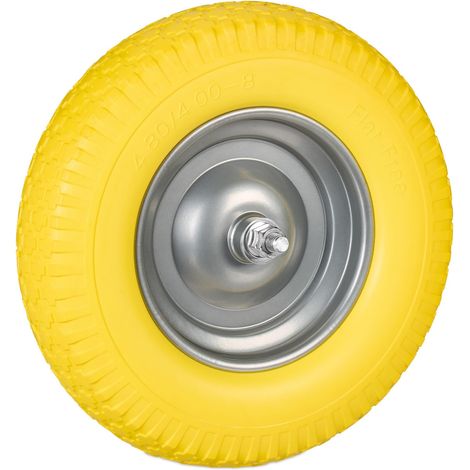 Roue de brouette 4.00-8, caoutchouc, avec axe, rechange diable, robuste, charge max. de 100 kg, jaune - gris (1/5)
