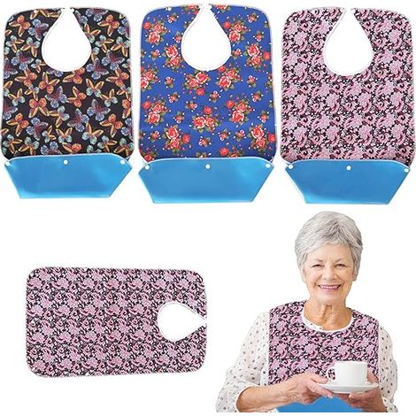 Juego de 3 baberos para adultos - Impermeables - Con cierre de broche - Lavables - Para mujeres y personas mayores - Multicolor (1/5)