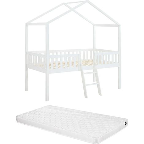 Letto casetta mezza altezza 90 x 190 cm - Pino - Bianco + Materasso - NALENY (1/5)