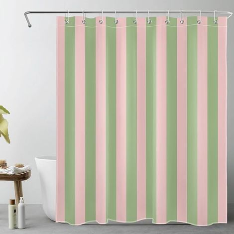 Rideau de Douche à Rayures Roses et Vertes pour Salle de Bain Moderne Abstrait Minimaliste à Rayures Verticales avec 10 Crochets – Ensemble de Douche Vintage esthétique pour Salle de (1/5)
