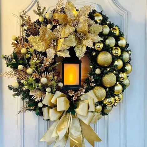 15.7-inch Christmas wreath with LED light-up centerpiece, large gold bow, poinsettias and Christmas baubles for front door, string lights, Christmas wreath, wall decoration (1/4)