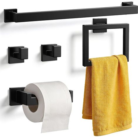 5 accessoires de salle de bain : porte-serviettes mural antirouille, barre porte-serviettes de 40 cm, porte-papier toilette, anneau et 2 crochets,noir (1/5)