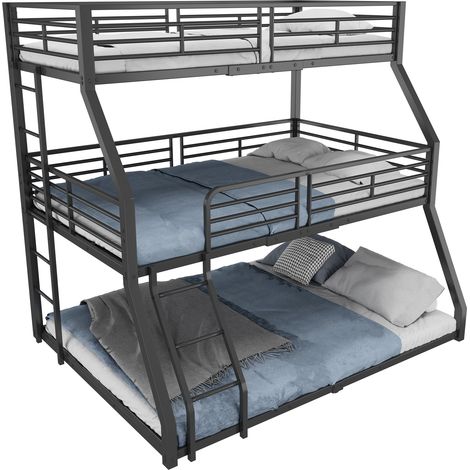 Letto a Castello Triplo 3 Posti con 2 Scale e Sponde, 90×200 cm, senza Materasso, in Metallo, Nero (1/5)