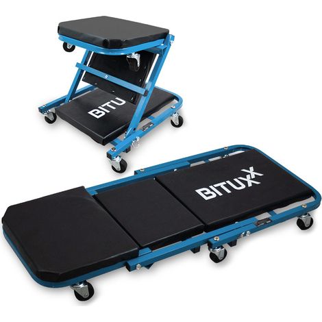 Bituxx Werkstatt-Rollbrett Werkstattliege Montageliege Montagerollbrett Sitz als Liege oder Werkstatthocker / Klappsitz verwendbar (1/5)