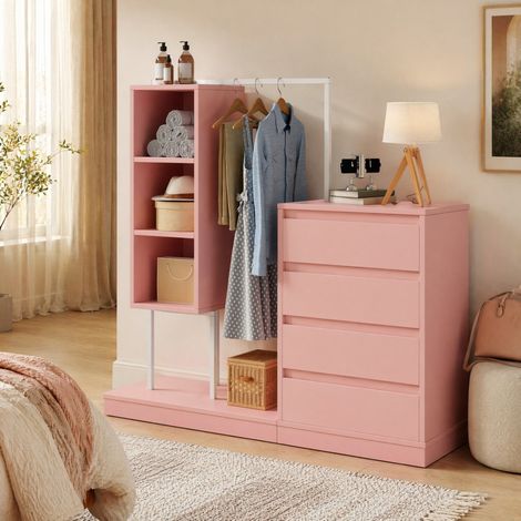 Schubladenschrank, Kleiderschrank-Set, Rosa Kleiderschrank, Sideboard, Kleiderstange, Maße: B140/W40/H135,Rosa (1/5)