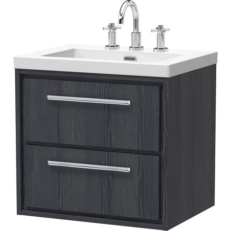 Longnor 2 Drawer Wall Hung Vanity Unit with 3 Tap Hole Modern Fireclay Basin, Woodgrain Graphite Grey, 600mm