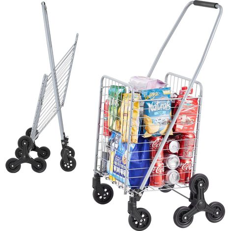 Chariot de courses 45L avec roues pivotantes 360, chariot escalier pliable léger pour linge et voyages, couleur argentée (1/5)