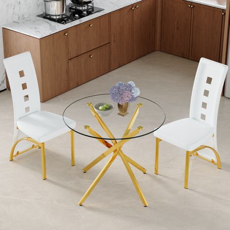 Set de mesa redonda de vidrio templado 88 cm con 2 sillas blancas de PU OKWISH (1/5)