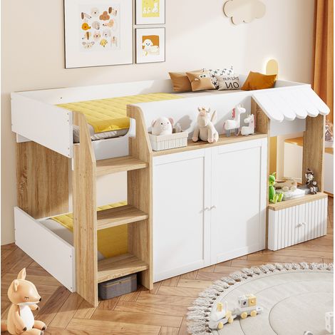 Lit mezzanine 90x200 cm avec échelle et rangement, style maison, en bois, blanc et naturel, sans matelas (1/5)