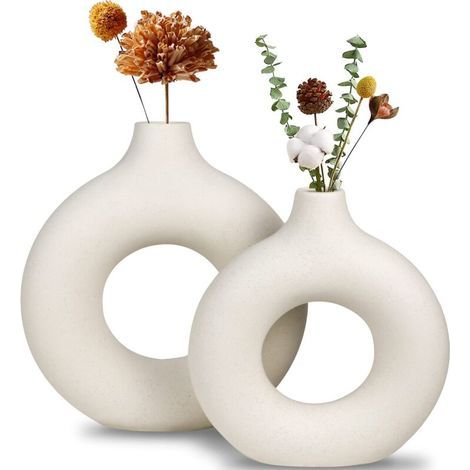 White Ceramic Vase, Modern Vase for Minimalist Decor, Matte Hollow Round Pampas Flower Vases for Bohemian Home Wedding Party Dinner Room Shelf Decoration (2Pcs)