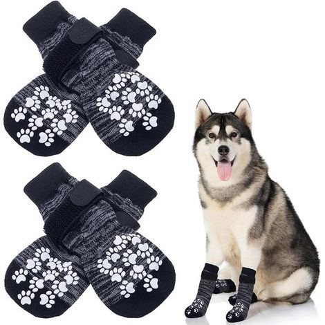 Chaussettes antidérapantes pour chiens, lot de 2 paires (4 pièces), taille M, réglables, adhérence double face, protection des pattes pour chiens et chats, grises (1/5)
