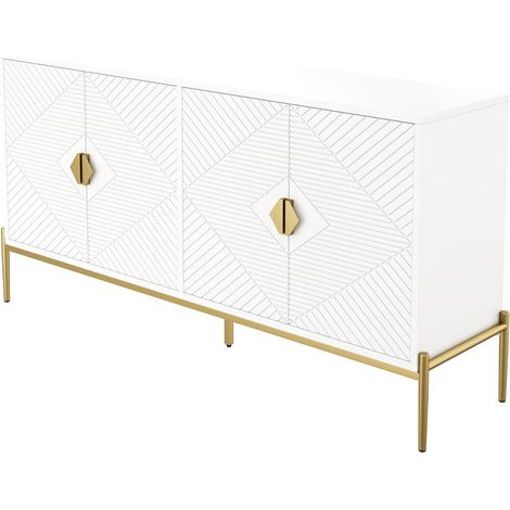 Buffet moderne blanc 162 x 40 x 80 cm, motif géométrique, pieds dorés (1/5)