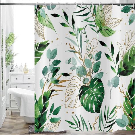 Rideau de douche vert 150x180cm à motifs de feuilles, motif botanique tropical à feuilles d'eucalyptus, style bohème abstrait aquarelle, en polyester imperméable. (1/5)