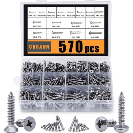 INHHUB Assortiment de 570 vis autotaraudeuses, M3/M4/M5/M6, kit de vis à tôle en acier inoxydable 304, assortiment de vis à bois Phillips Drive 570 pièces (285 pièces à tête ronde et 285 pièces à tête (1/5)